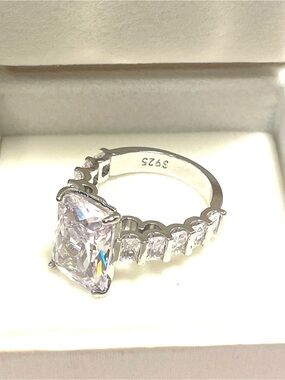 Sterling Silver Clear Emerald-Cut CZ Engagement Ring